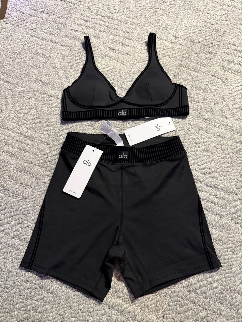 ALO Yoga Black Bralette and Matching Bike Shorts Set